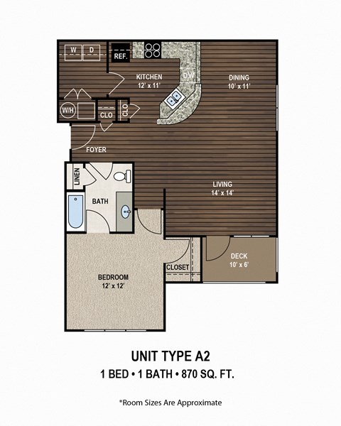 A diagram of a floor plan for a unit type A2 showing the layout of the bedroom, bathroom, living room, dining room, kitchen, and foyer.
